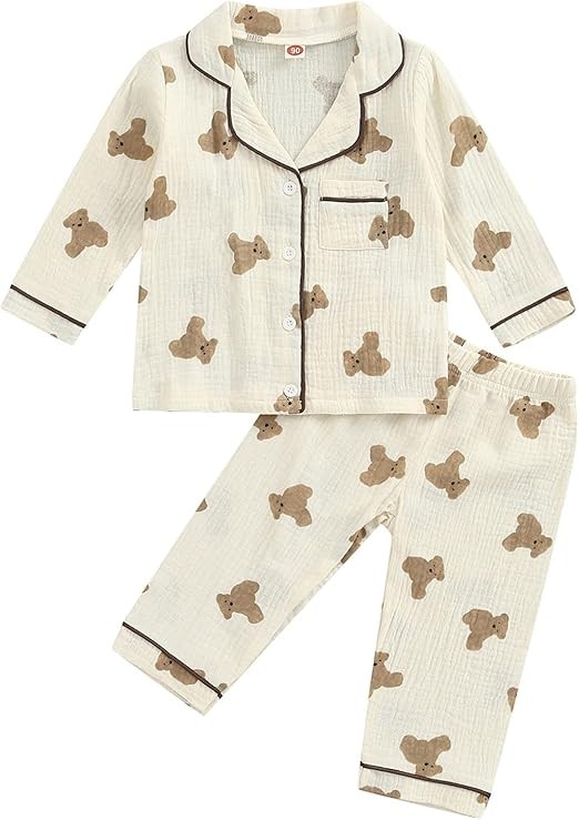 Toddler Baby Girl Cotton Linen Button-up Pajamas Bear Print Long Sleeve Kid Sleepwear PJs Set